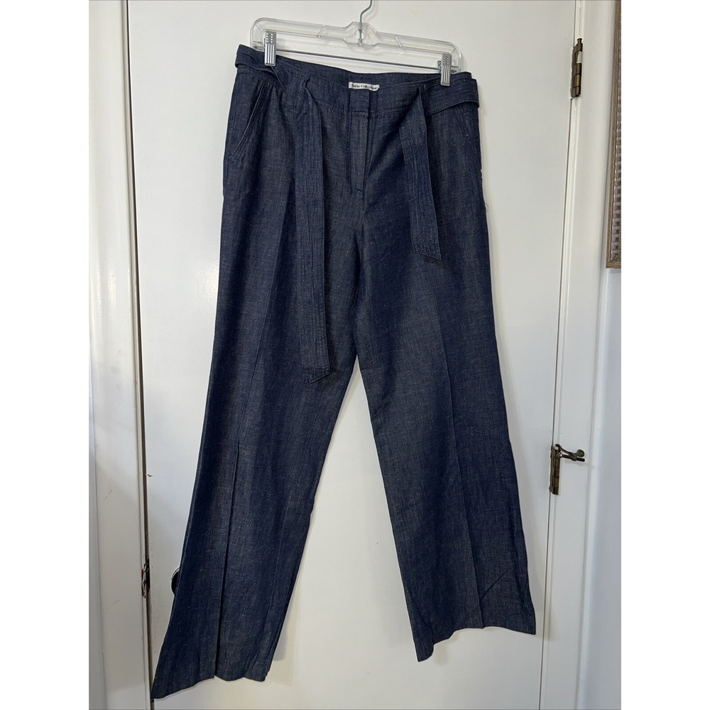 Dalia Collection Sz 8 Linen Blend  Belted Casual Pants Blue Chambray Wide Leg